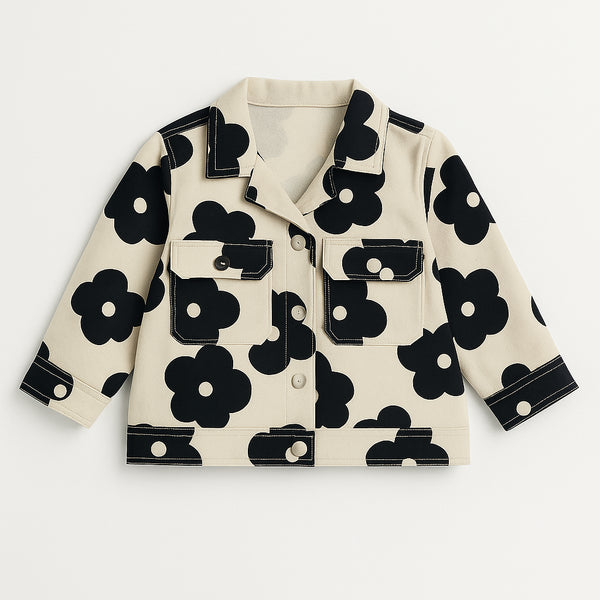 Girls Denim Jacket – Beige with Black Flower Print Stylish Casual Outerwear